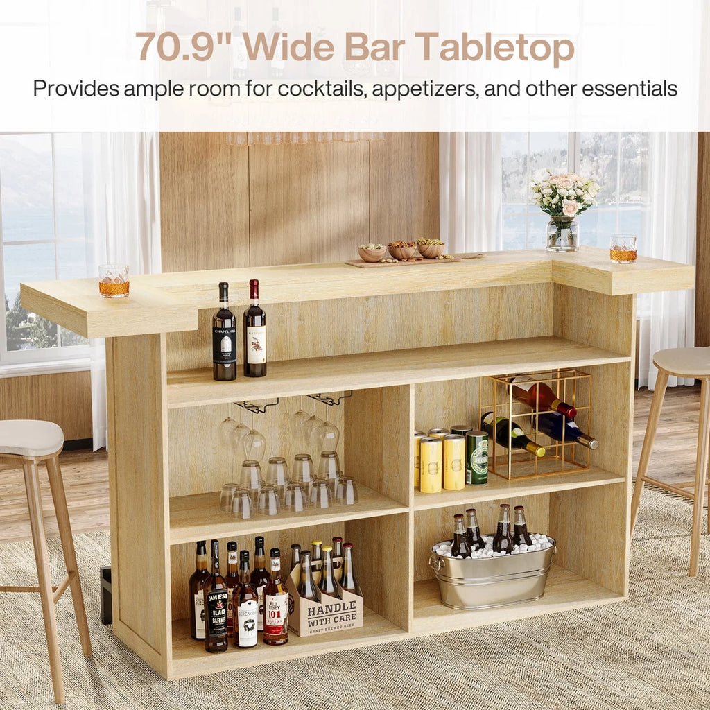 Tribesigns 4-Tier Bar Table, 70.9-Inch Large Home Bar Cabinet with Wine Glass Holder and Black Footrest, for Kitchen, Dining Room, Living Room, Pub, Rustic Brown