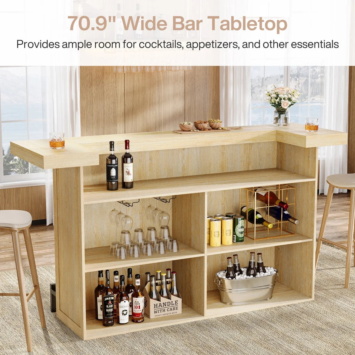 Tribesigns 4-Tier Bar Table, 70.9-Inch Large Home Bar Cabinet with Wine Glass Holder and Black Footrest, for Kitchen, Dining Room, Living Room, Pub, Rustic Brown