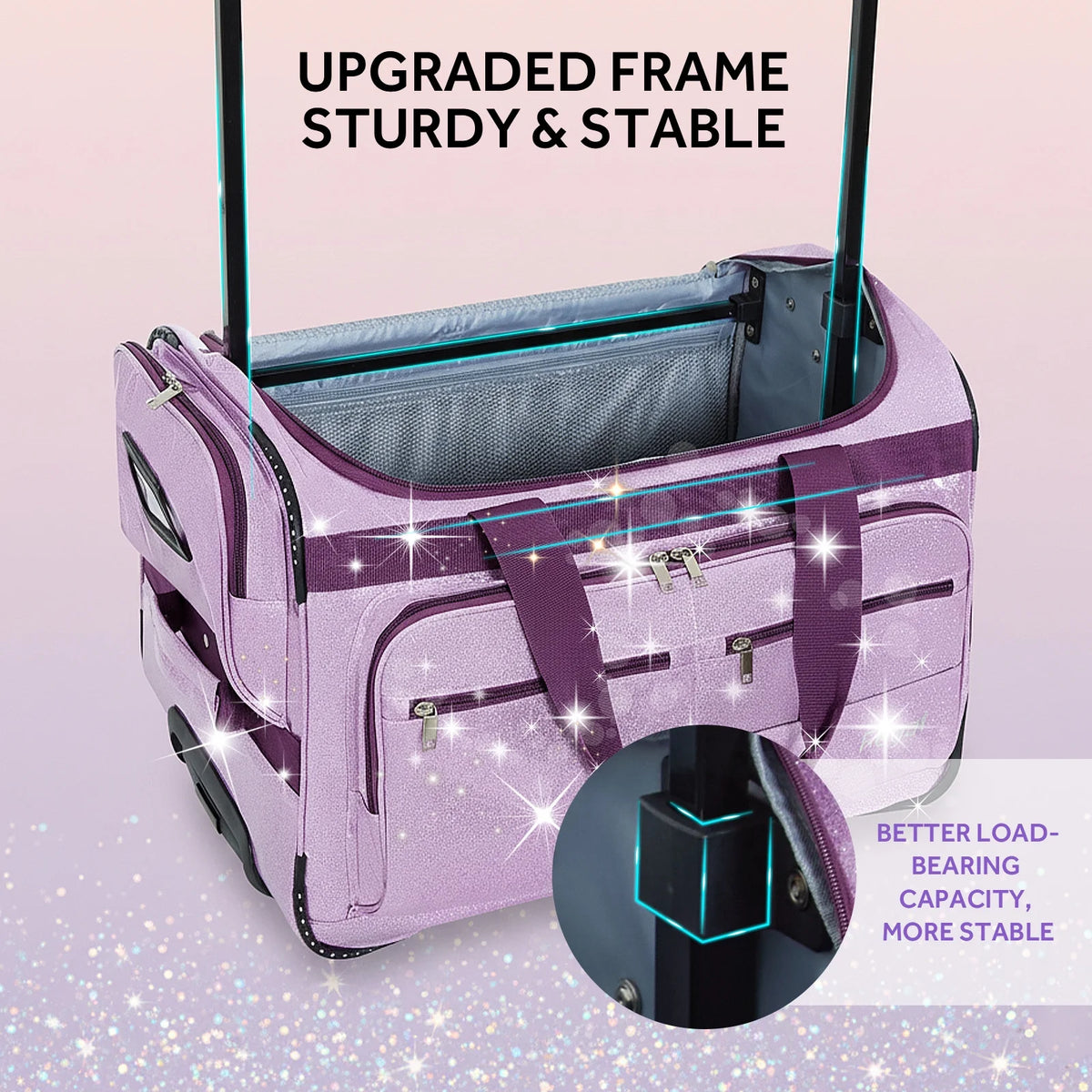 Fegat Dance Bag with Garment Rack,23"Glitter Bright Rolling Dance Duffel Bag Lightweight Competition Bag Costume Suitcase for Dancers Performer Artist, Shine Glitter Purple