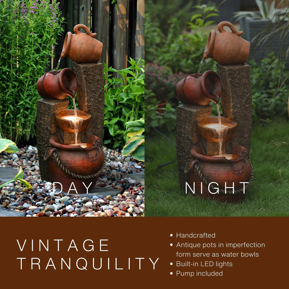 LuxenHome 32 Inch Resin Outdoor Water Fountain with Lights, Farmhouse Outdoor Water Features
