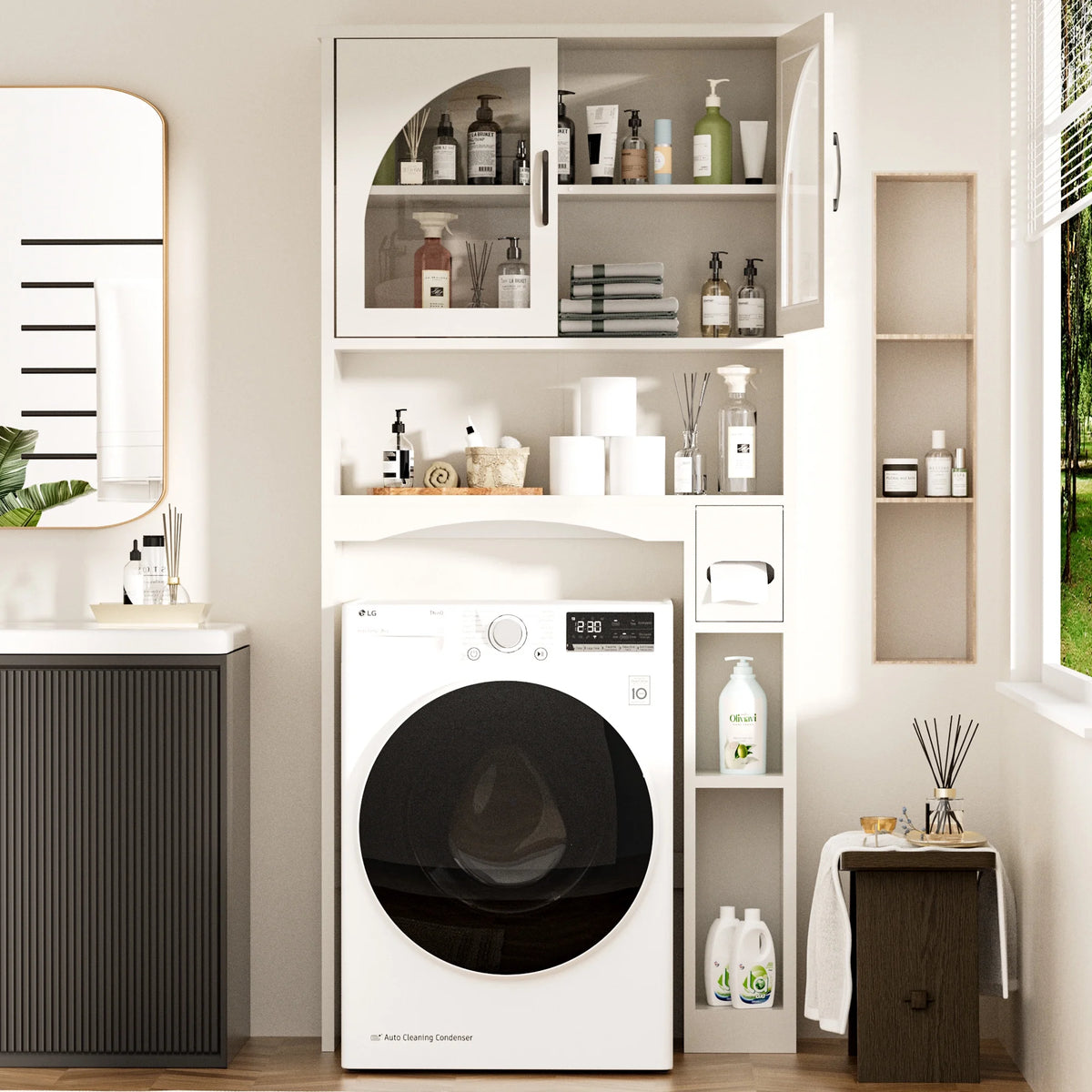 HARIPUL Over The Toilet Storage Cabinet w/ Unique Wood Grain & Arc Design, Freestanding Bathroom Shelf Organizer Space Saver w/ Doors & Anti-Tip Device, Wood Color