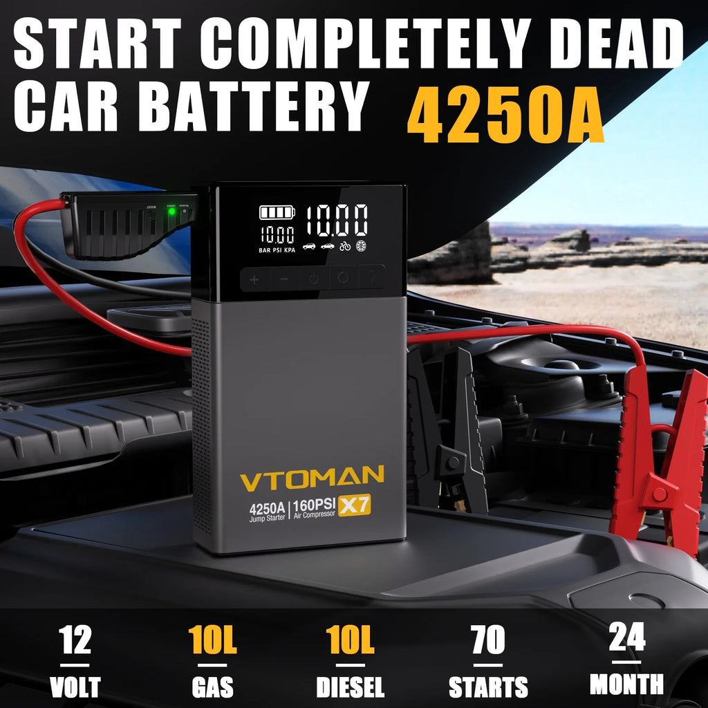 VTOMAN X7 Jump Starter with Air Compressor 4250A Portable Car Starter with 160PSI Digital Tire Inflator,12V Lithium Battery Charger Booster Box with Type-C Quick Charge (Up 10L Gas/10L Diesel Engine)
