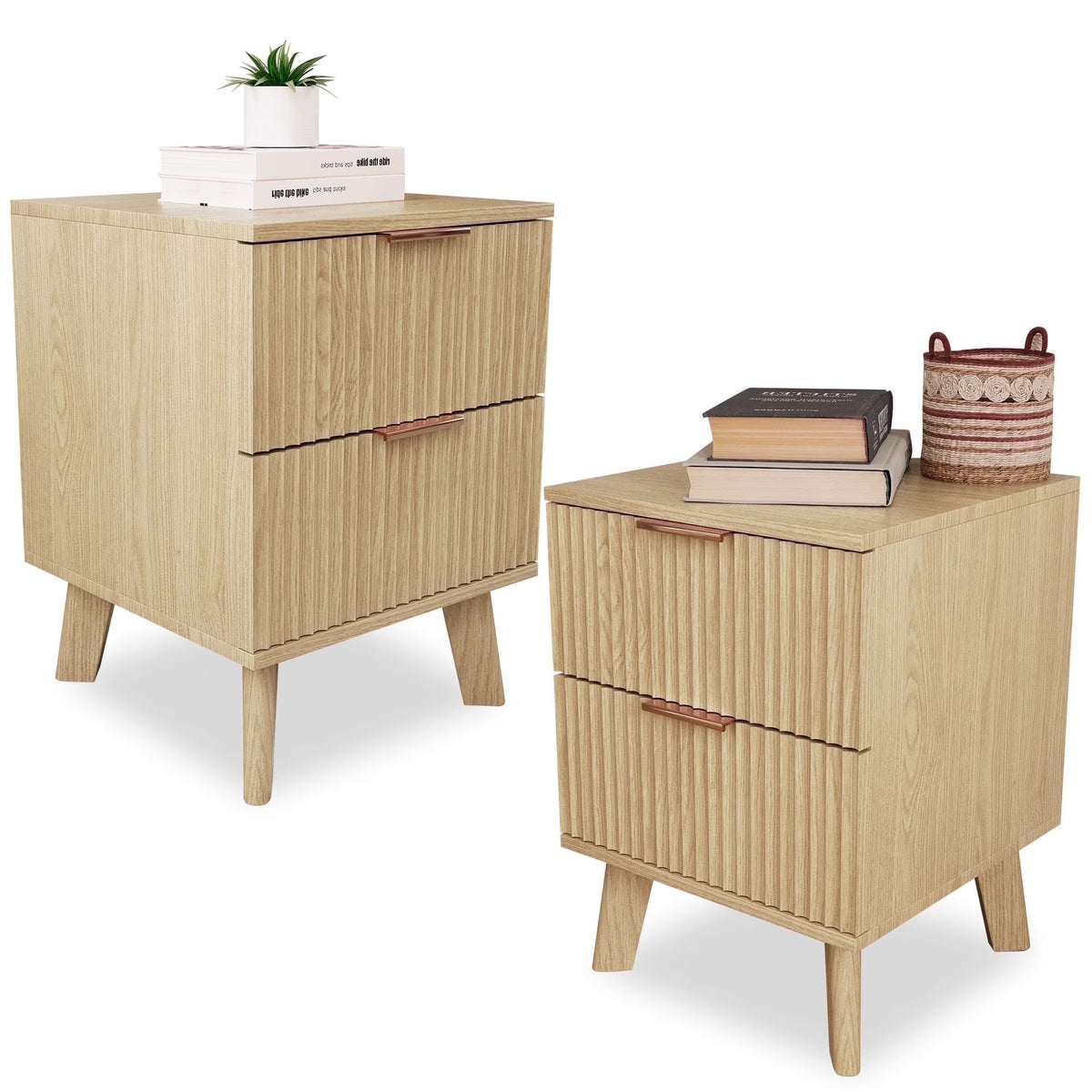 YOCWO Fluted Nightstand for Bedroom Set of 2 , Wood Bedside Table Set of 2 with Drawers, Black