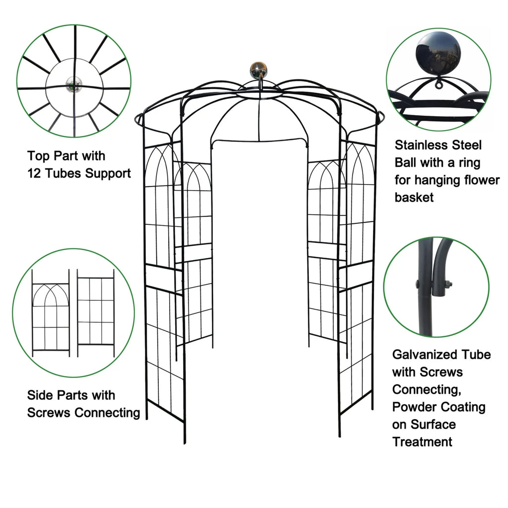 French Birdcage Gazebo with Metal Arch Trellis for Wedding Photography & Garden Decor, Sturdy Galvanized Steel, Black