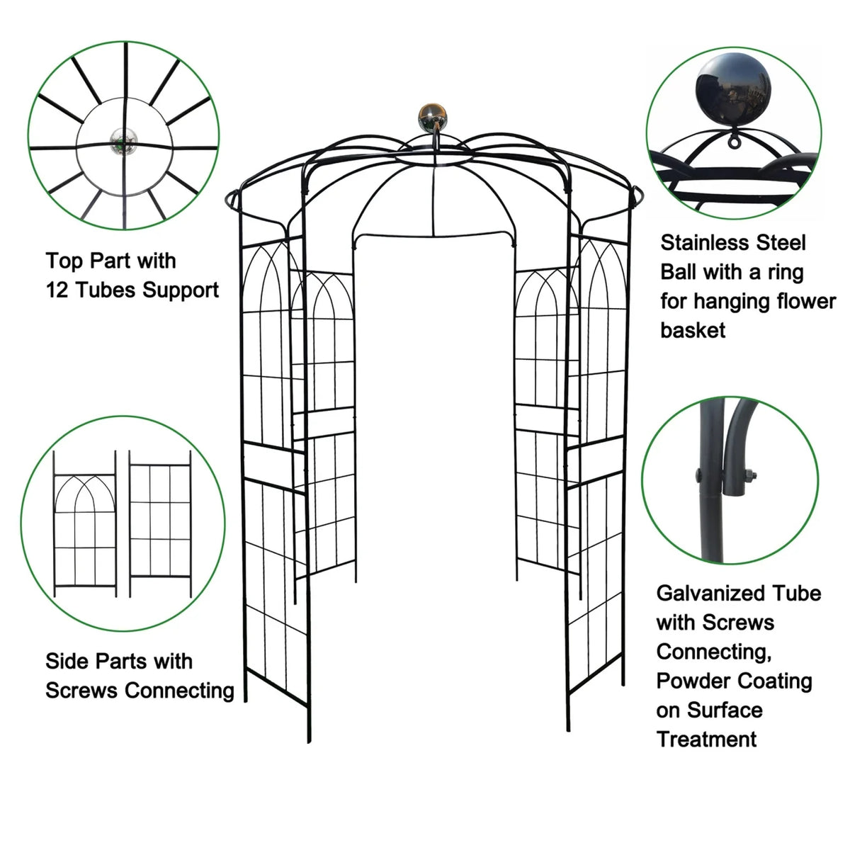 French Birdcage Gazebo with Metal Arch Trellis for Wedding Photography & Garden Decor, Sturdy Galvanized Steel, Black