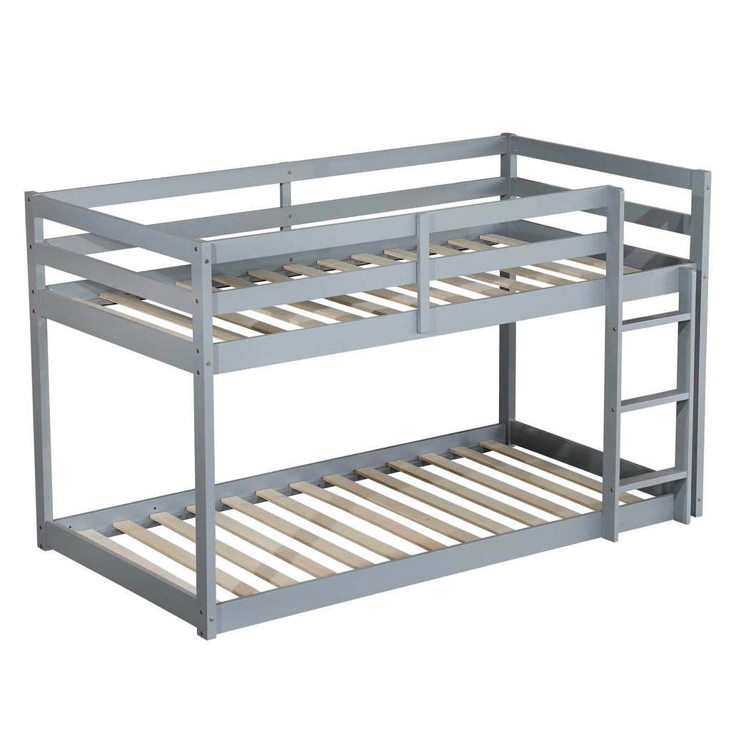 Twin Over Twin Floor Bunk Bed, UHOMEPRO Solid Wood Low Bunk Bed with Safety Rail, Ladder, Heavy Duty Bunk Beds, Space-Saving Bedroom Dorm Furniture, Gray