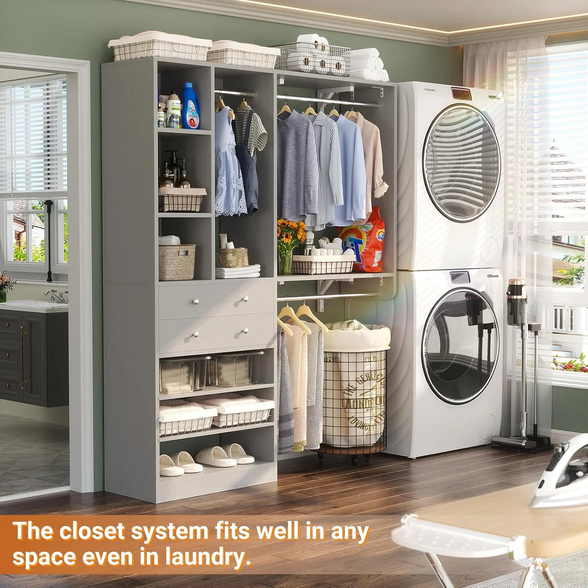 iSunirm 5FT Closet System with Drawers,5FT Closet System with Drawers, 60" Closet Organizer System with 2 Hanging Shelving Perfect Storage Solution for Organizing Your Closet