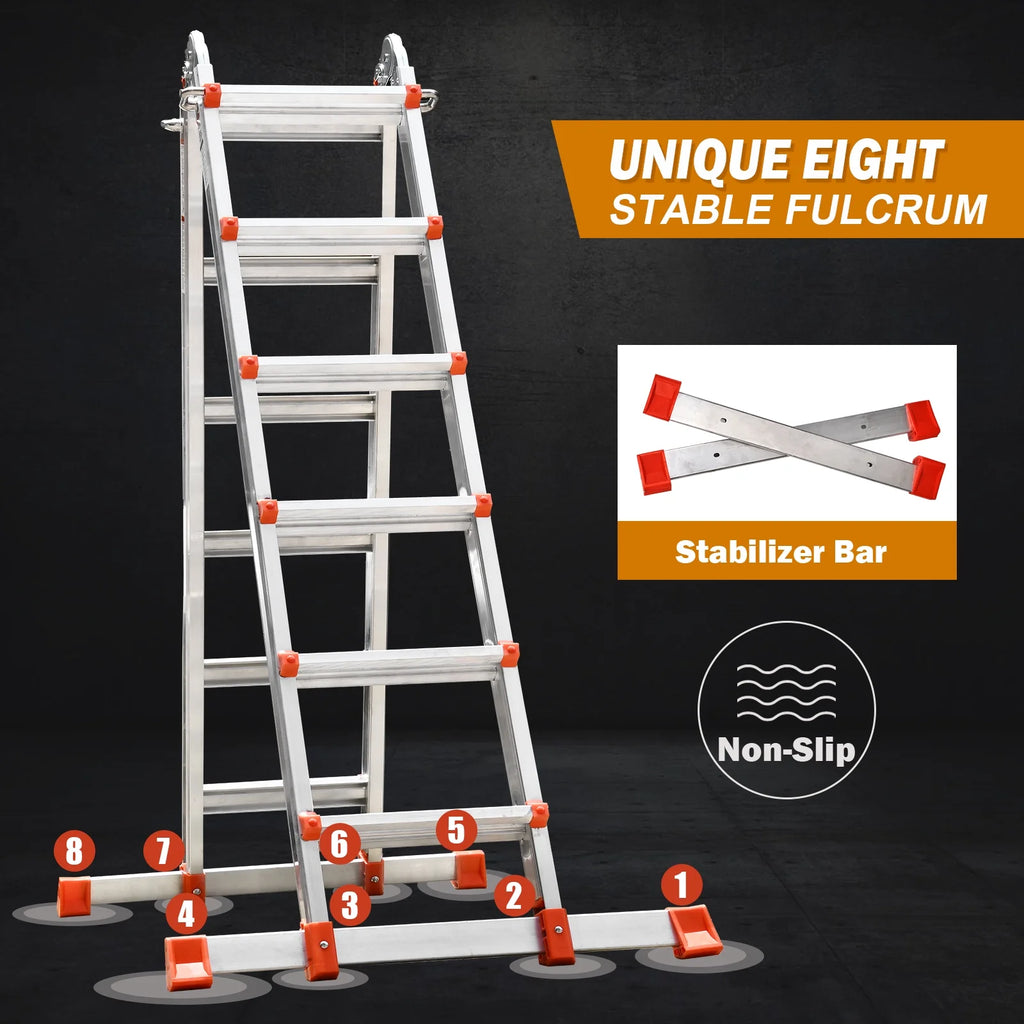 HBTower Ladder, A Frame 4 Step Extension Ladder, 14 Ft Multi Position Ladder with Removable Tool Tray and Stabilizer Bar, 330 lbs Capacity Telescoping Ladder for Household and Outdoor Work