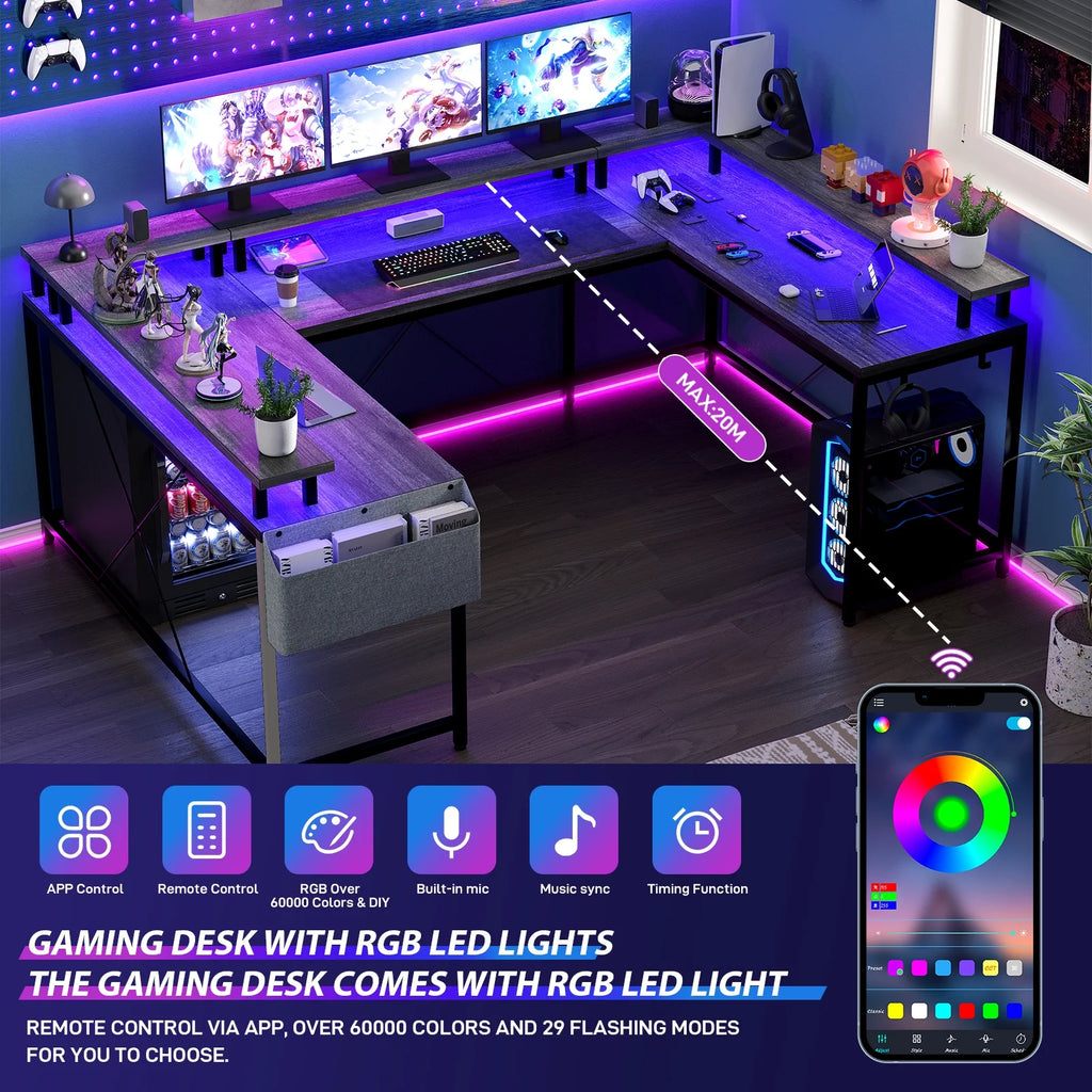 Yesfashion U Shaped Computer Gaming Desk, Reversible L Shaped Desk with Power Outlets, LED Strip & Monitor Stand, Large Corner Desk with Storage Shelves