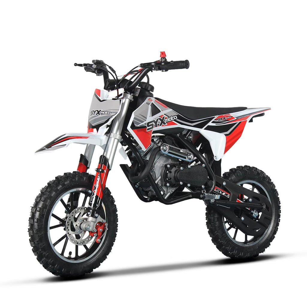SYX MOTO 58cc Kids Mini Dirt Bike - 4-Stroke Gas Pit Bike, Pull Start, Off-Road Bike for Boys & Girls, Red/White