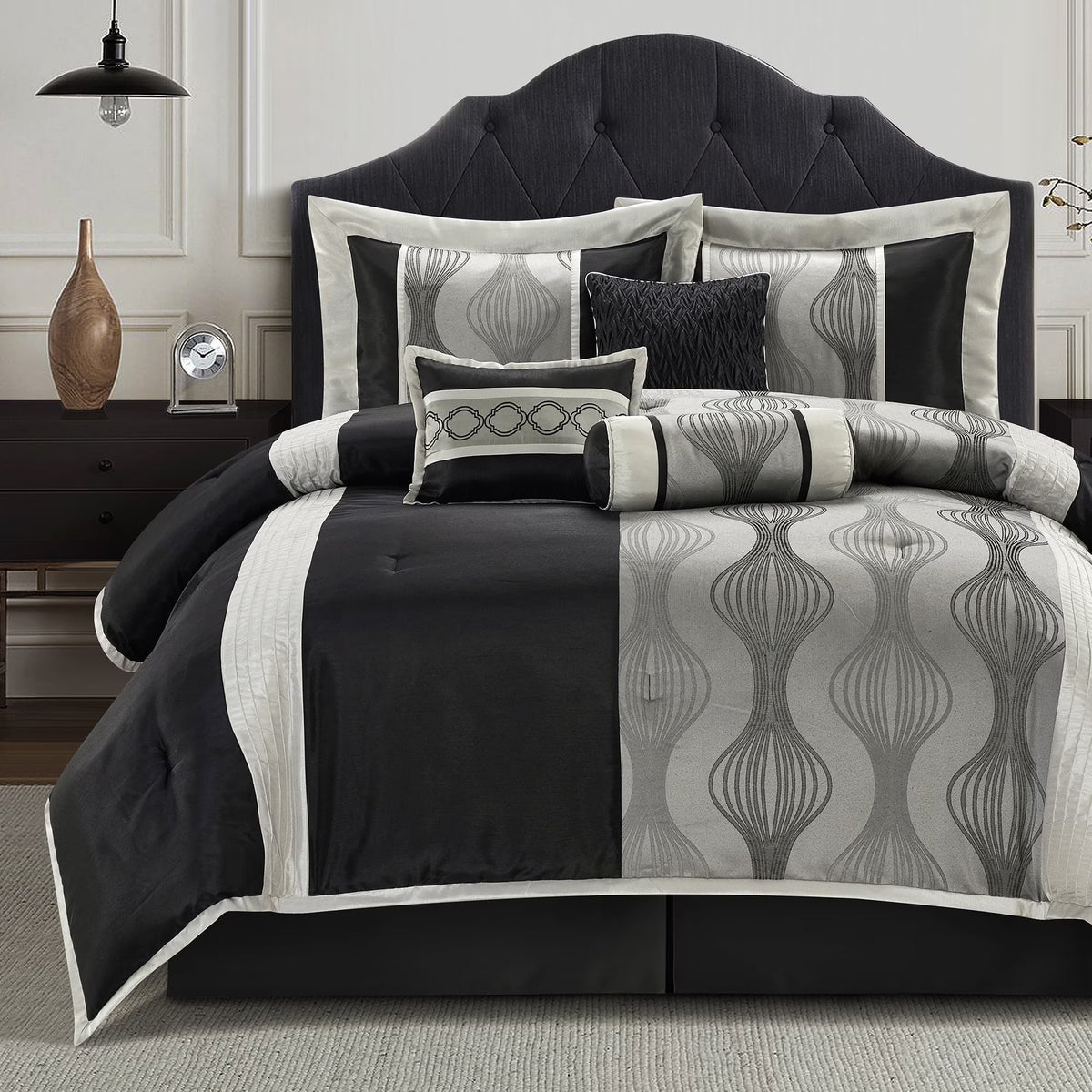 Lanco Elegant Black and Gold Comforter Set,Striped, 7 Pieces Jacquard Bedding Sets with Comforter for All Season, Bed Skirt, Pillows & Shams, Queen Size, Lightweight Microfiber