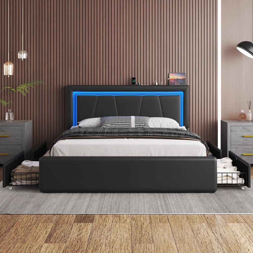 Full Size Upholstered LED Bed Frame with 4 Storage Drawers, Faux Leather Platform Bed with Adjustable Headboard, White