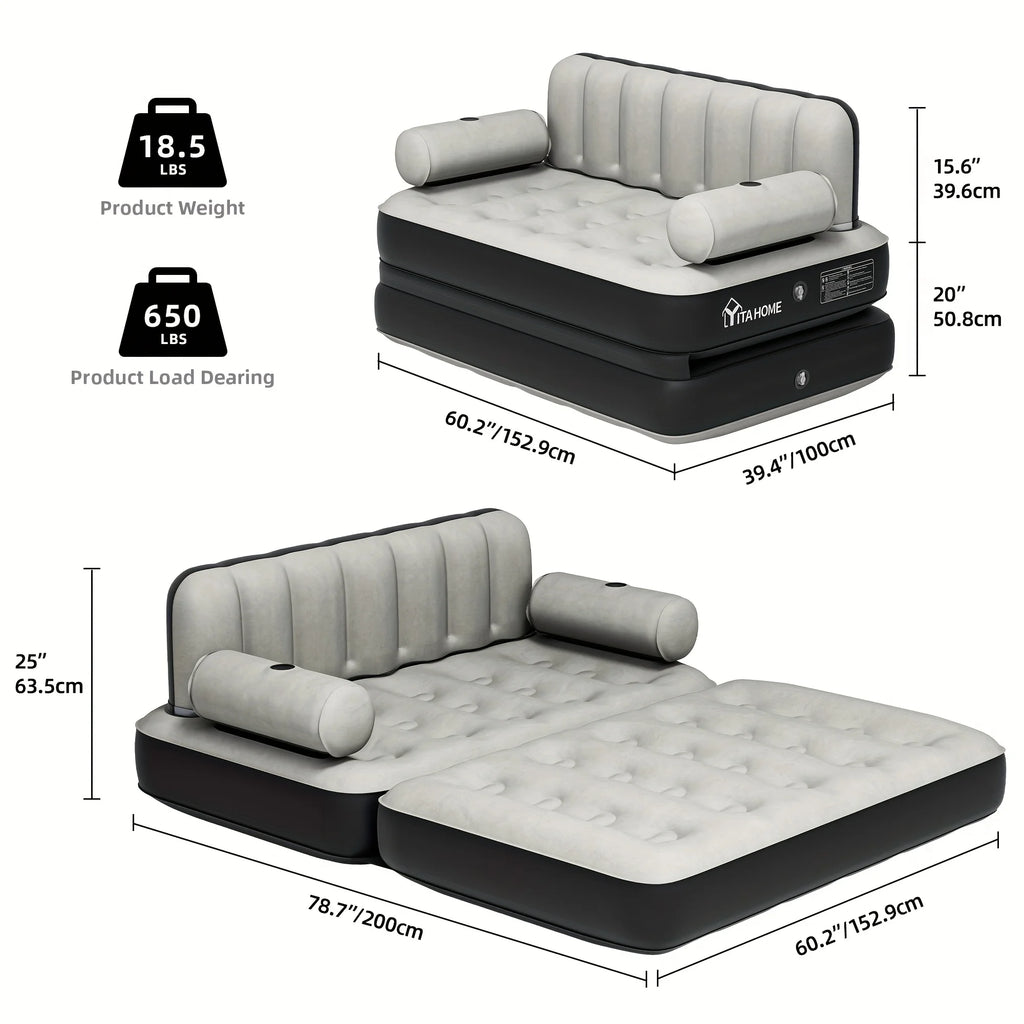 Inflatable Air Sofa Bed 2-in-1 Backrest Couch Airbed With Headboard And Pump Convertible Blow Up Bed Mattress For Home, Camping, And Guests, Living Room Furniture, Queen Size