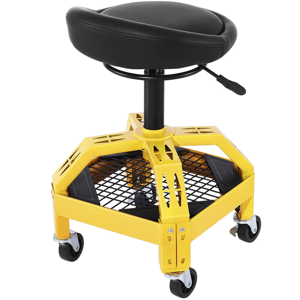BENTISM Rolling Garage Stool, 300lbs Capacity, Adjustable Height from 24 in to 28.7 in, Mechanic Seat with 360-degree Swivel Wheels and Tool Tray, for Workshop, Auto Repair Shop, Yellow
