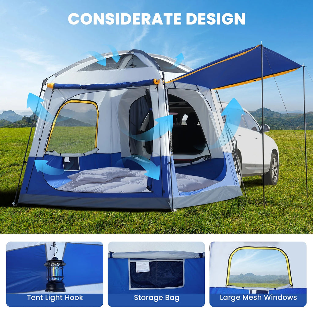 MOPHOTO SUV Tents for Camping 4 People, PU 3000mm Waterproof SUV Tent Attachment Tailgate Tent for Car Jeep Van, Spacious Space 8.2'L x 8.2'W x 7.2'H with 2 Awnings & Double Door
