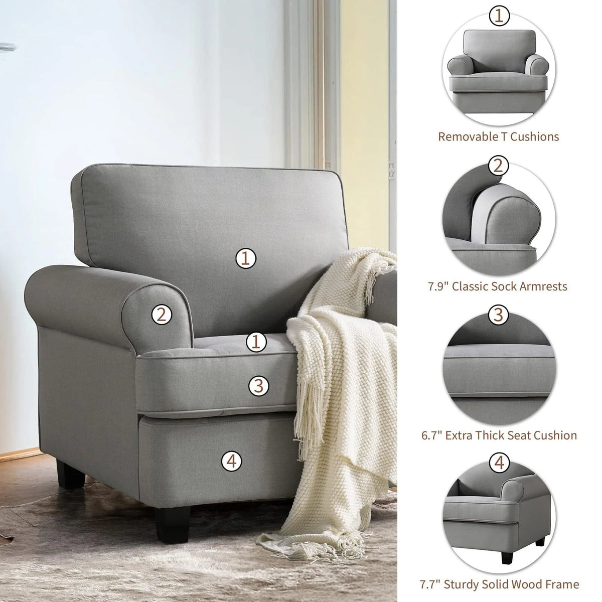 Husbedom 39" Modern Accent Fabric Chair Single Sofa Comfy Upholstered Rolled Arm Chair Living Room Furniture for Bedroom and Reading, Light Gray