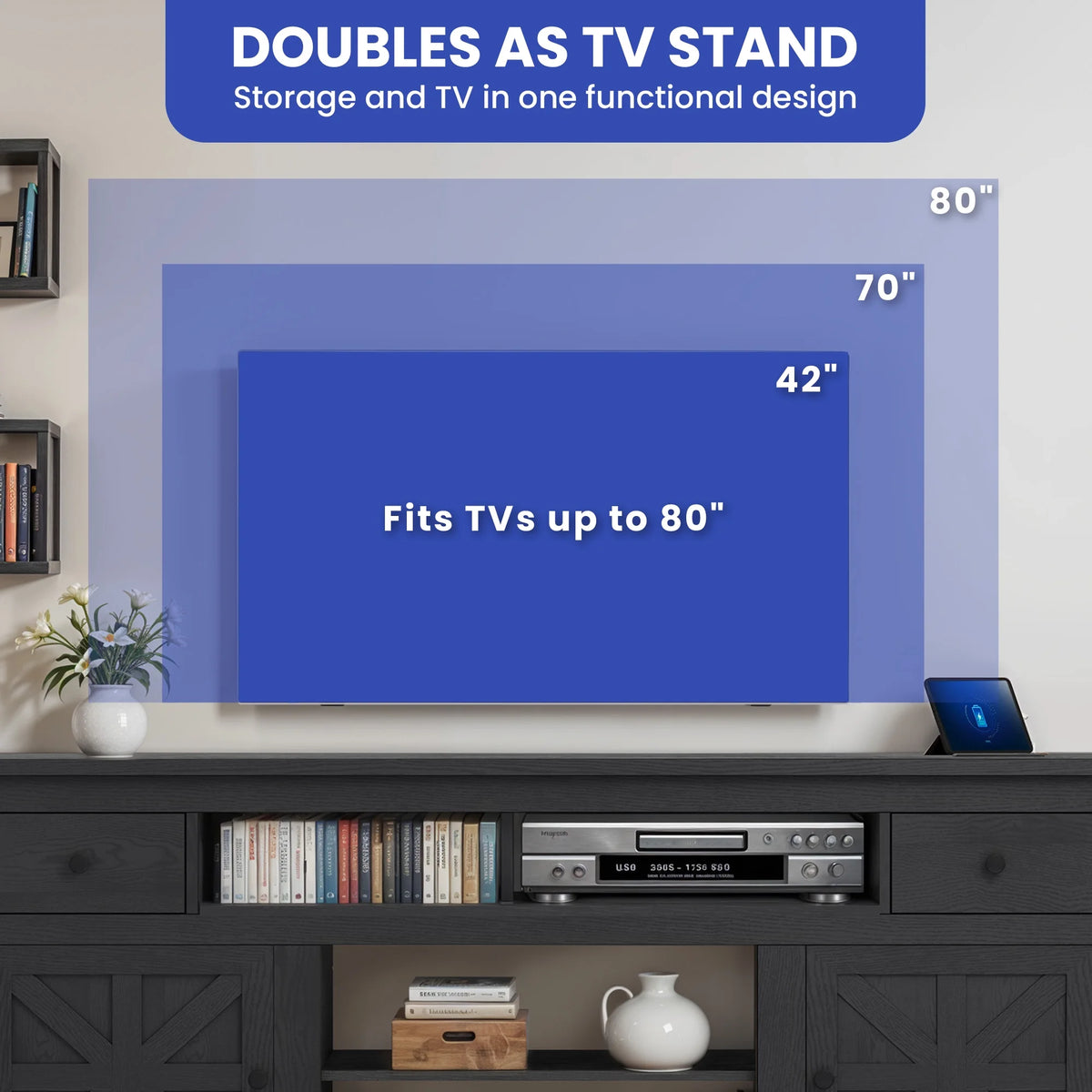 Dextrus Country-style Media Console, TV Cabinet with Built-in Power Socket for Screens up to 80'', Television Stand with Adjustable Divider & Drawer Storage, Vintage TV Unit for Lounge, White