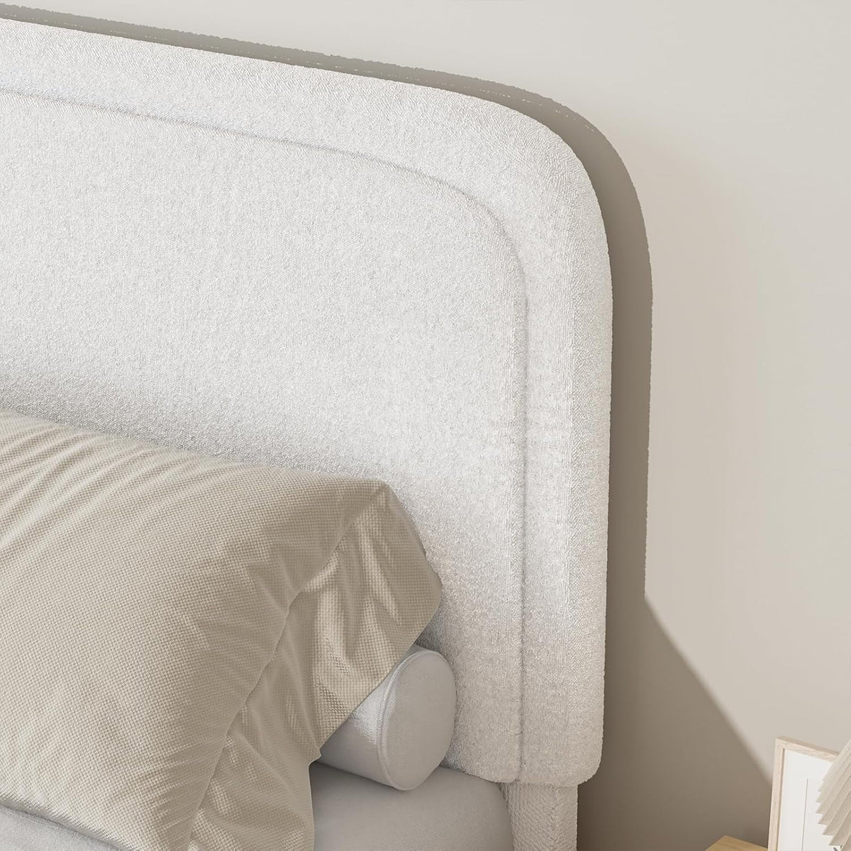 4 EVER WINNER Twin Size Bed Frame, Modern Bed Frame with Headboard, Boucle Fabric Upholstered Bed Frame, Soft Curved Headboard, Cream