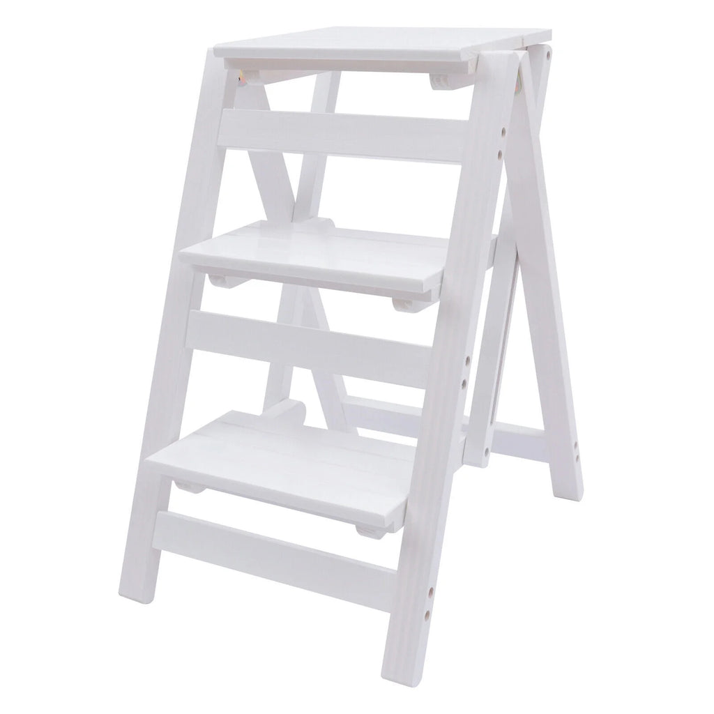 White 3-Tier Step Stool Solid Wood Folding Ladder Anti-Slip Step Stool