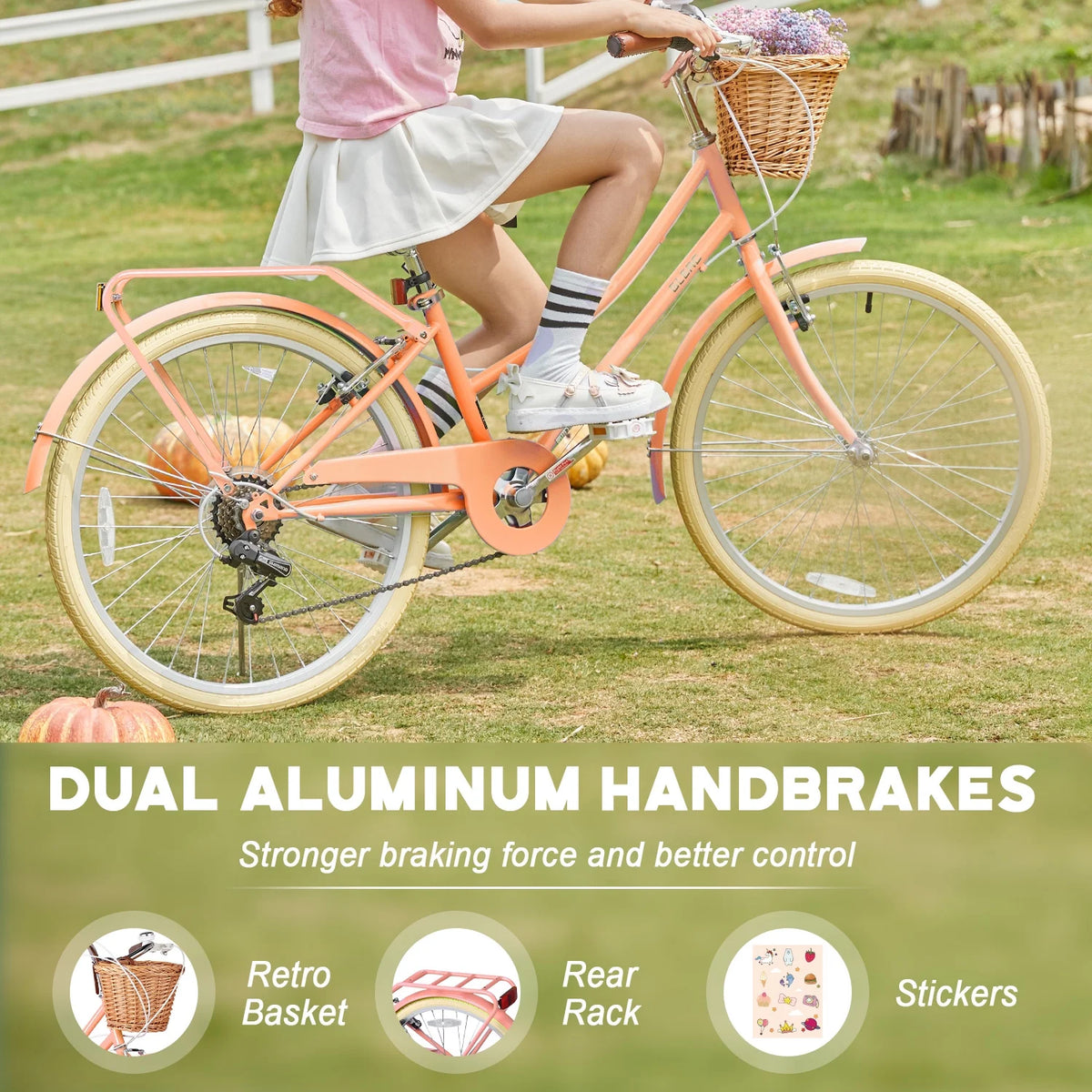 Glerc Missy 24" Girls Cruiser Bike 6-Speed Women's Hybird Bicycle for Ages 7-11 Years, Mint Green