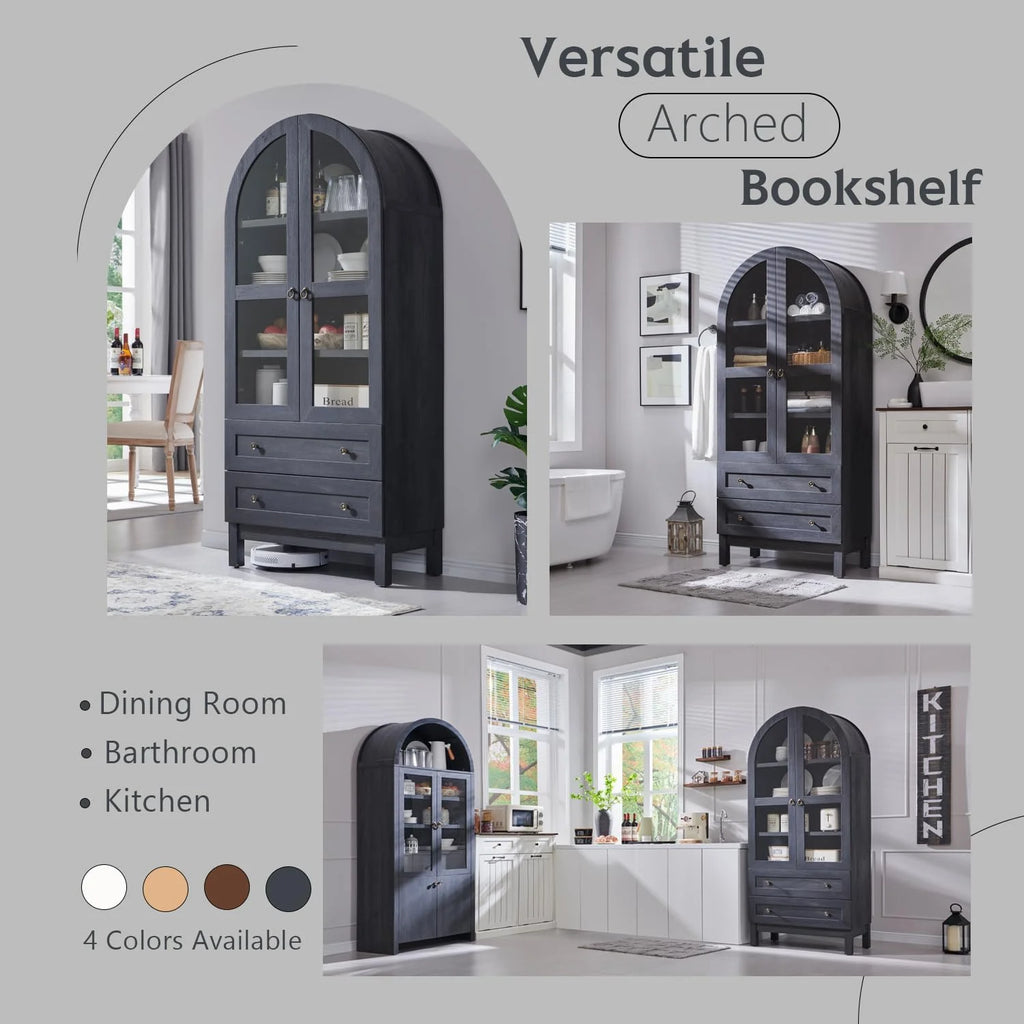 IFGET 71-Inch Arched 4-Tier Bookcase with Glass Doors and Drawers