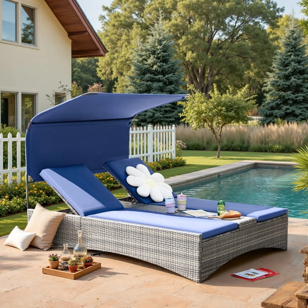 Devoko Rattan Double Lounge Chaise, Adjustable Backrest Daybed with Sunshade and Cup Holder for Deck, Poolside, Balcony,beige