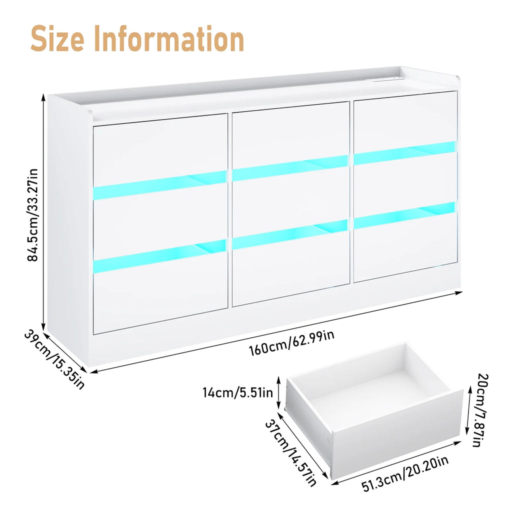 9 Drawer Dresser for Bedroom with Power Outlet, 63" Large Dresser with LED Light, Wooden Dresser For Closet, Chest of Drawers with Raised Edges