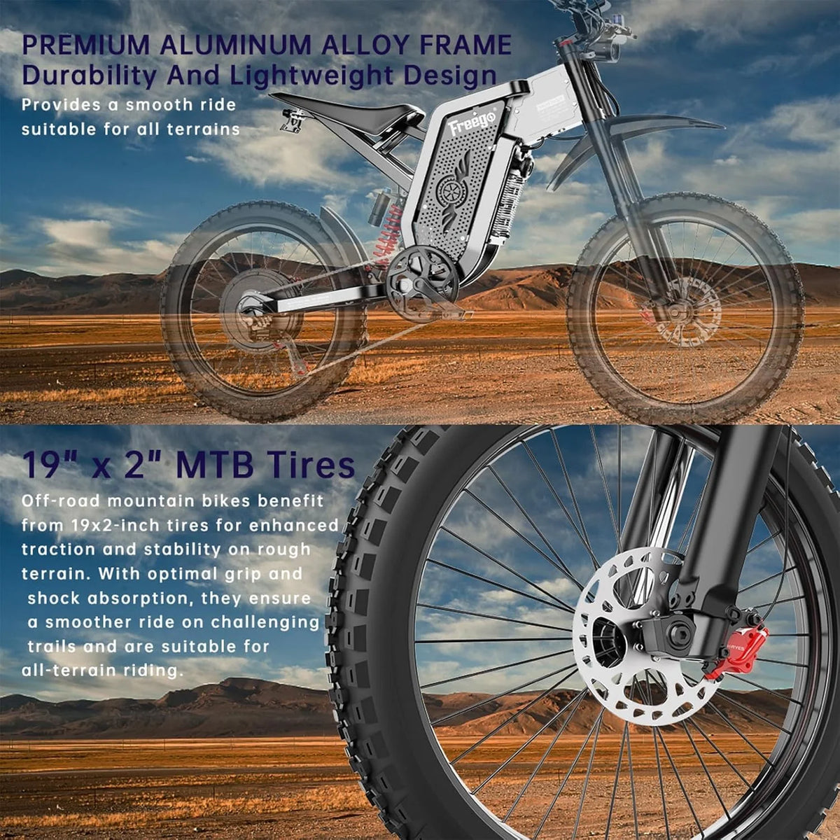 6000W(Peak) Motor 60V/35Ah Battery, Freego X2Pro Electric Motorcycle for Adults, Electric Bike  50MPH/7 Speed Off Road Electric Bicycle,19x2 Full Suspension/Four-Piston Hydraulic Brake UL2849MTB