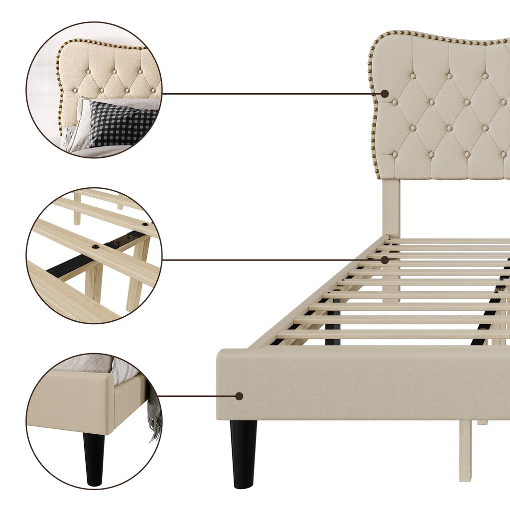 Homhougo King Size Bed Frame Upholstered Platform, Bed Frame with Square Velvet Headboard, Wooden Slats Support, Non-Slip and Noise-Free, No Box Spring Needed, Easy Assembly(Light Gray)