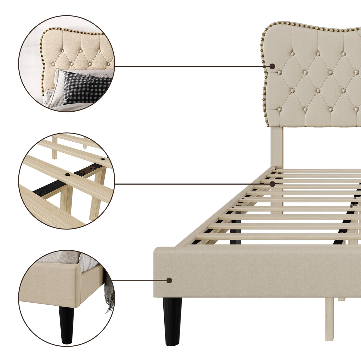 Homhougo King Size Bed Frame Upholstered Platform, Bed Frame with Square Velvet Headboard, Wooden Slats Support, Non-Slip and Noise-Free, No Box Spring Needed, Easy Assembly(Light Gray)