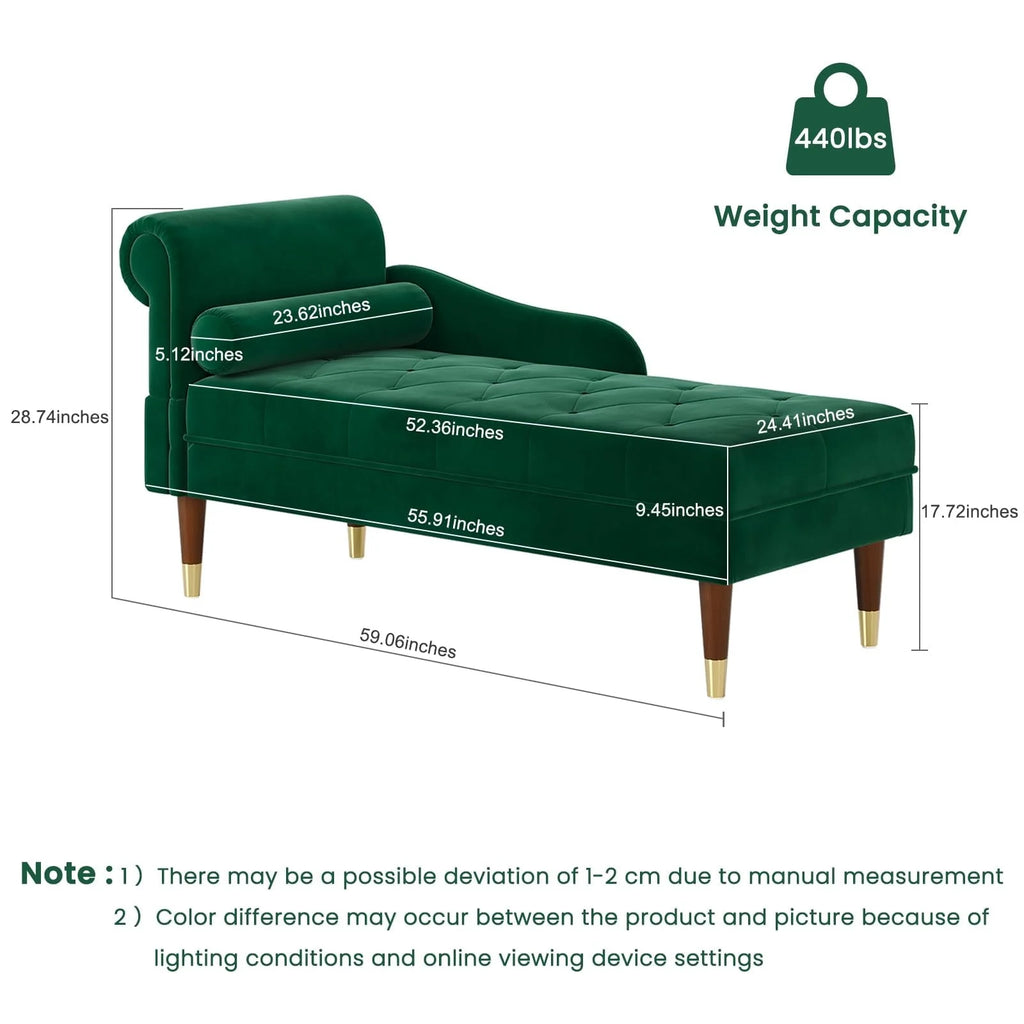 Chaise Lounge Indoor,Vesgantti 59" Velvet Modern Lounge Chair Upholstered with Arm Lumbar Pillow Sofa Chair for Living Room Office,Green