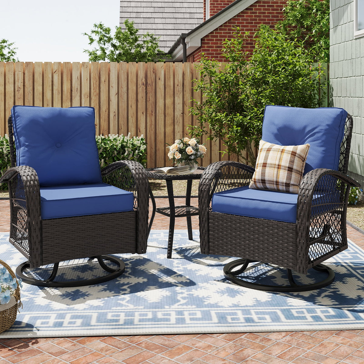 MRUAKA 3 Pieces Patio Furniture Set, Outdoor Swivel Gliders Rocker, Wicker Patio Bistro Set with Rattan Rocking Chair, Glass Top Side Table and Thickened Cushions (Khaki)