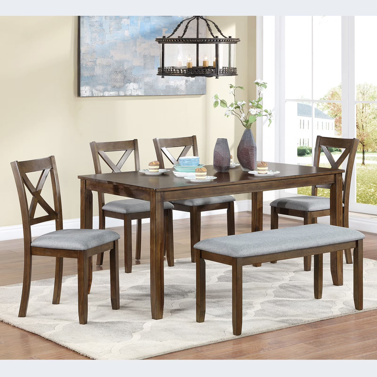 Dining Room Set, LEGAHOME 6 Piece Dining Sets with Bench and Chairs, Solid Wood Kitchen Dining Table Set for 6 with Upholstered Chairs, Gray