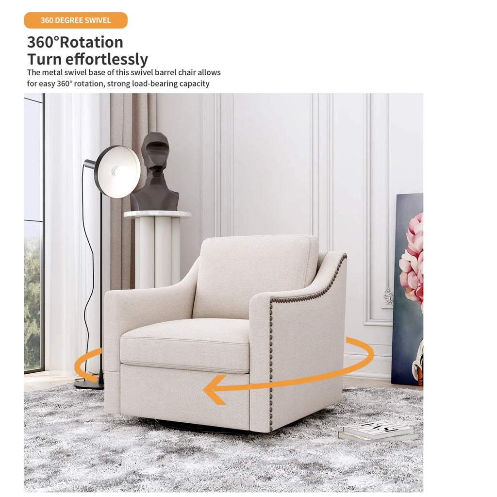 Swivel Accent Chair Armchair, 360�� Swivel Chair in Cotton Linen, Living Room Chairs with Wide Cusion and Curved Armrest, Comfy Barrel Sofa Reading Chairs for Bedroom, Small Spaces, Office, Grey