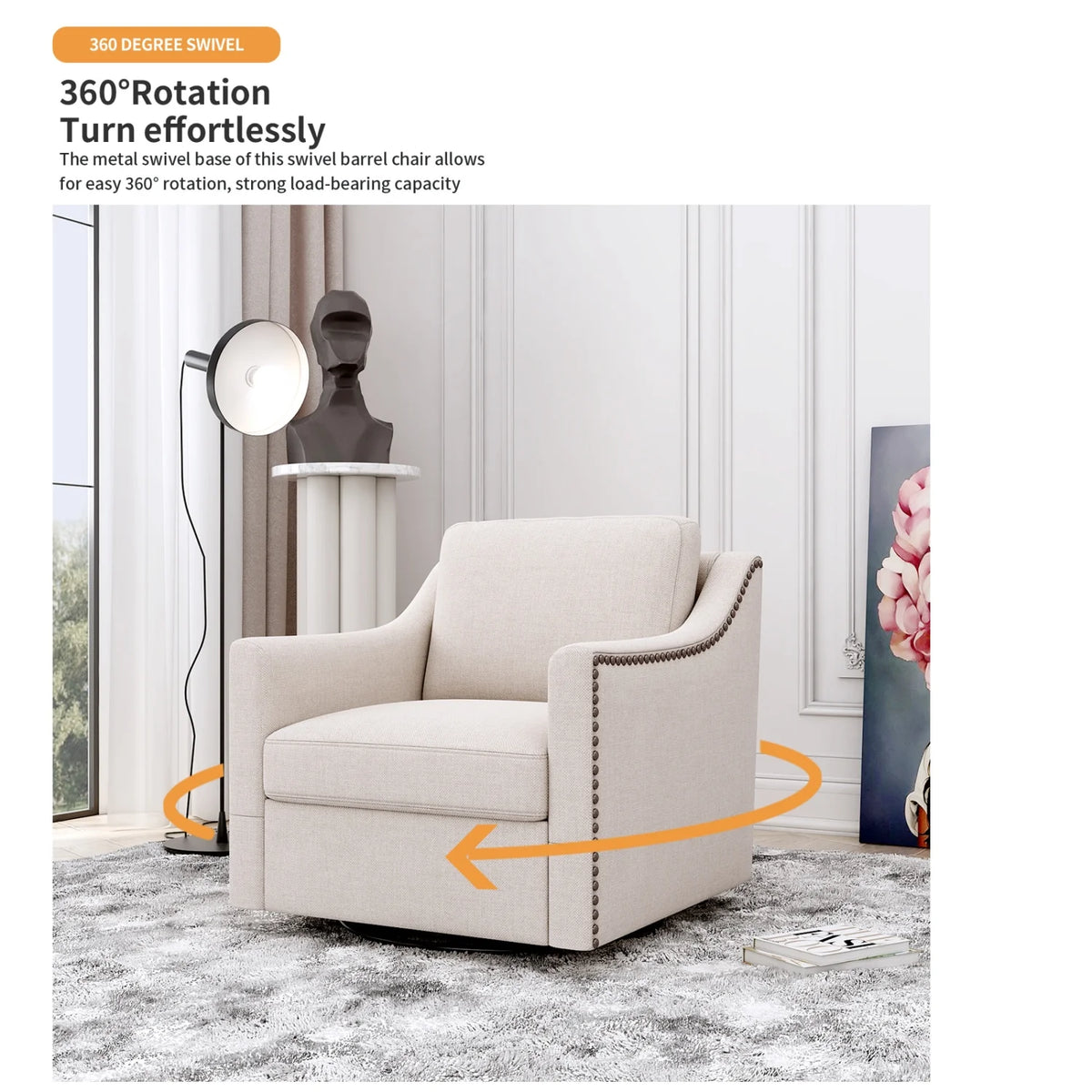 Swivel Accent Chair Armchair, 360�� Swivel Chair in Cotton Linen, Living Room Chairs with Wide Cusion and Curved Armrest, Comfy Barrel Sofa Reading Chairs for Bedroom, Small Spaces, Office, Grey