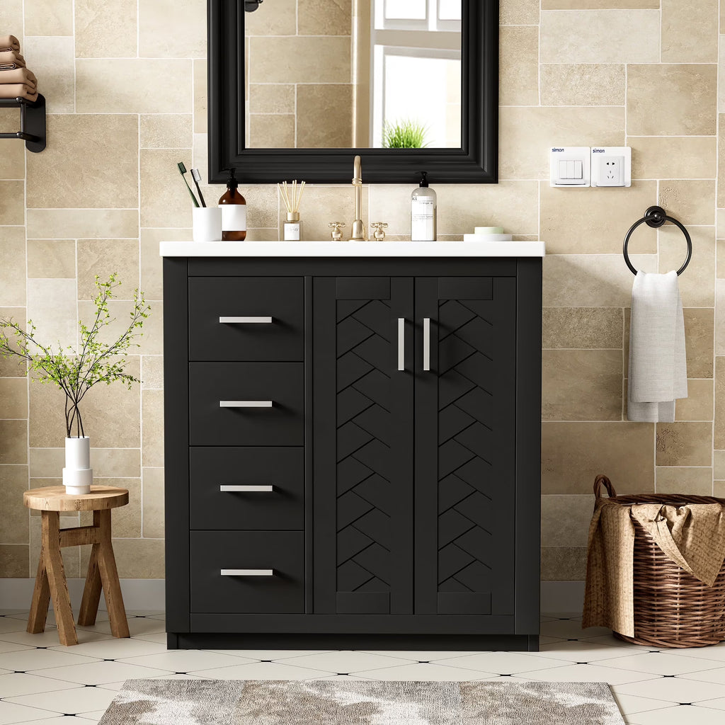 ENSHUI 30-Inch Bathroom Vanity with Ceramic Sink Combo, Solid Wood Frame, 4 Drawers, Soft Closing Doors, Green