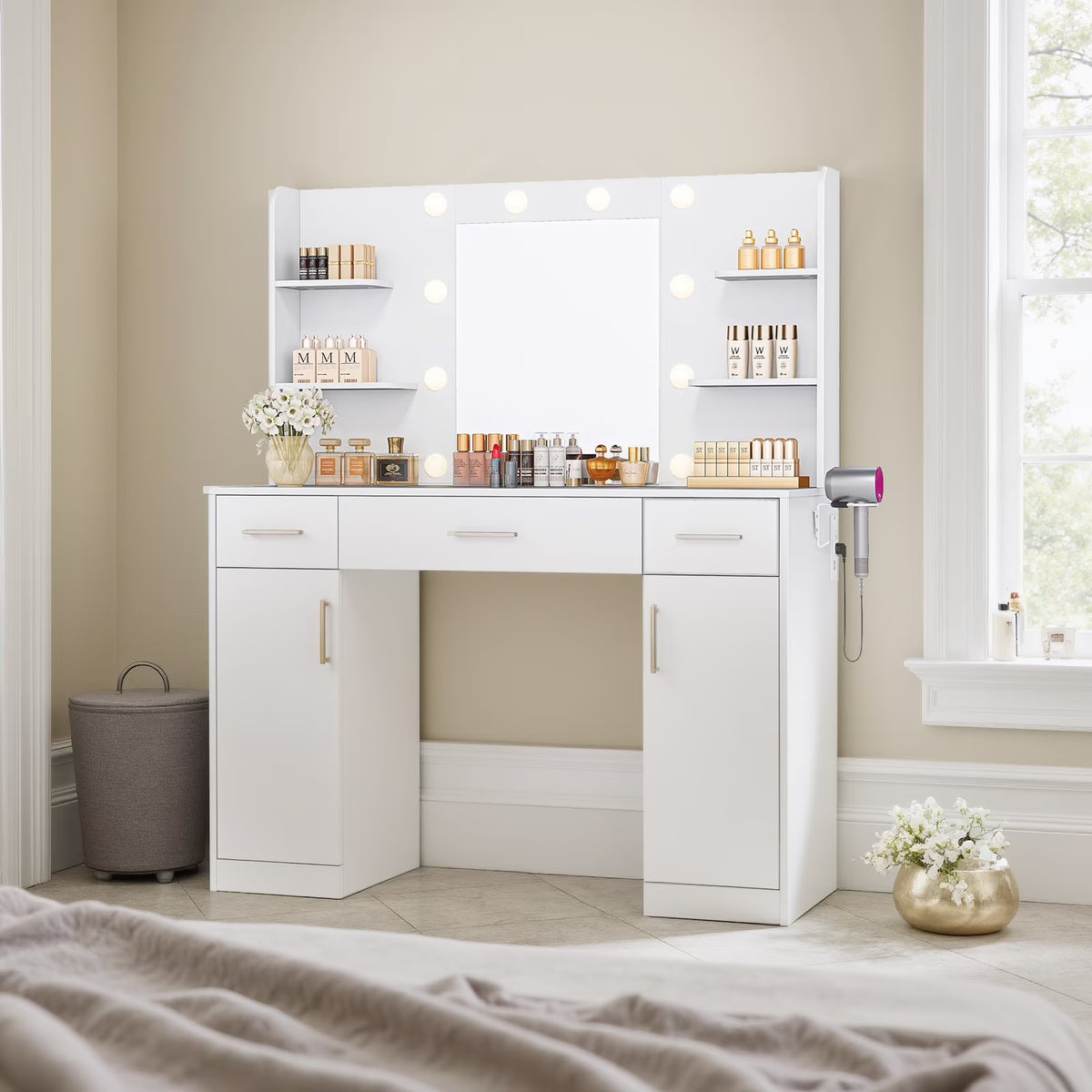 Blorly White Vanity Desk with Mirror, Makeup Vanity Table with LED Lights and Power Outlet, 3 Drawer, 4 Shelves, 1 Cabinet