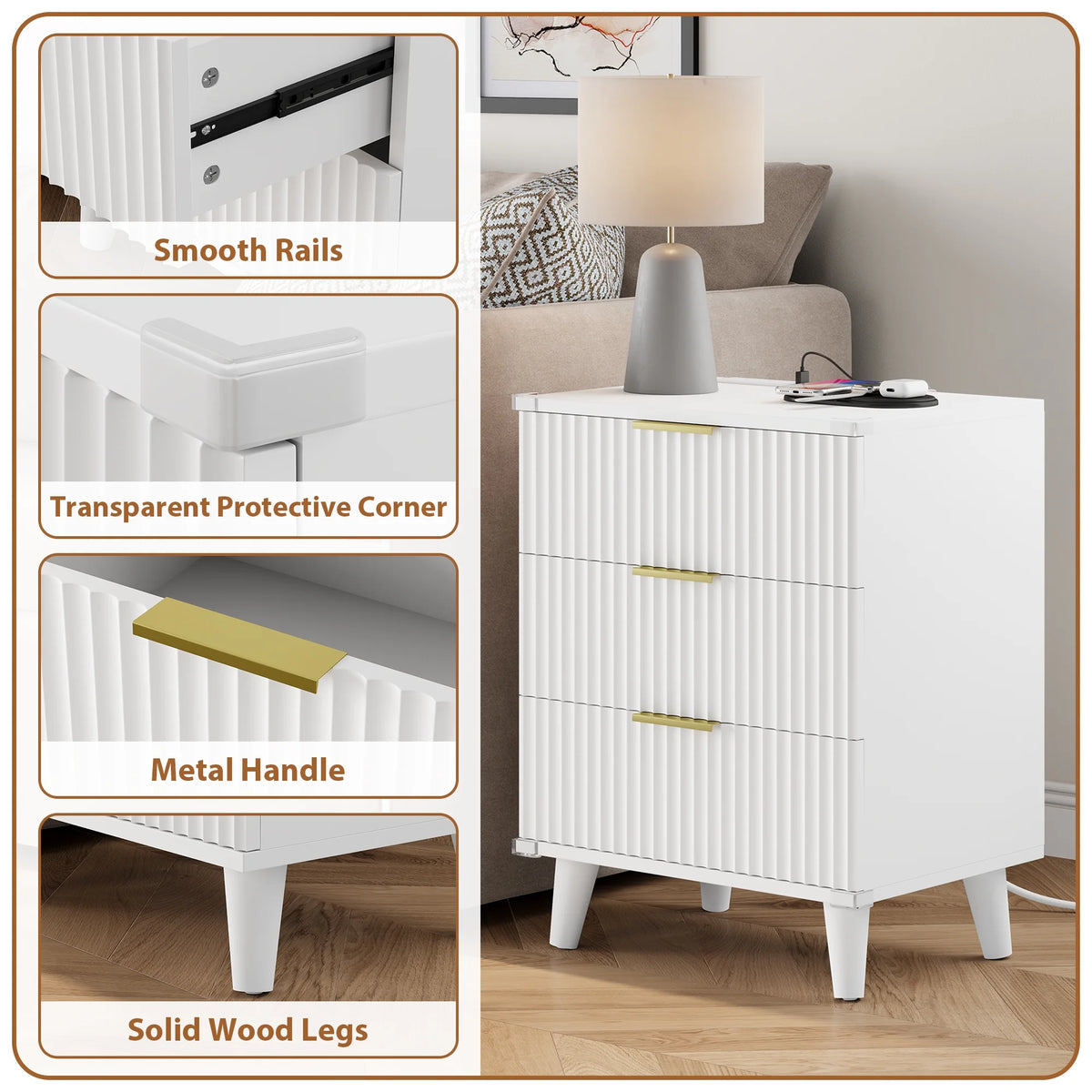 GIKPAL Night Stands for Bedroom, Modern Bedside Table with 3 Drawers & Charging Station,Fluted Panel End Tables for Bedroom  & Living Room, Natural