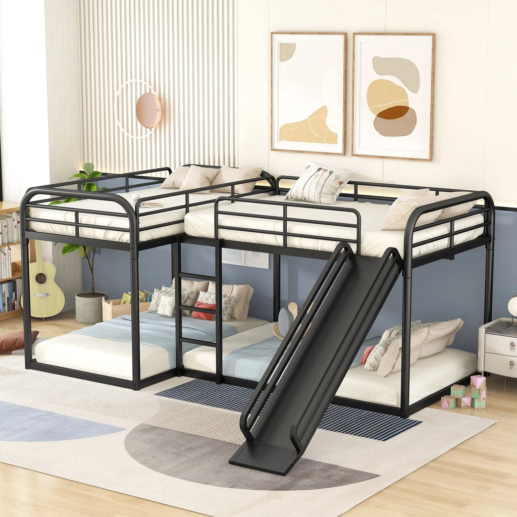 Full and Twin Size L-Shaped Quadruple Metal Bunk Bed with Slide for Kids, Black