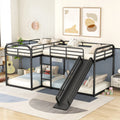 Full and Twin Size L-Shaped Quadruple Metal Bunk Bed with Slide for Kids, Black