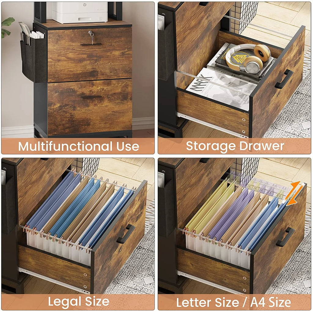 2 Drawer File Cabinet with Lock, Filing Cabinet fits Letter, Legal, A4 Size, Hanging File Folders, File Cabinets with Adjustable Storage Shelf,Rustic Brown