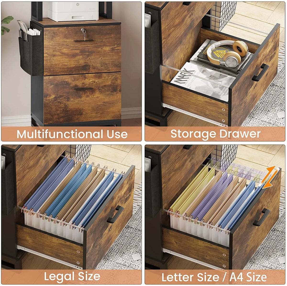 2 Drawer File Cabinet with Lock, Filing Cabinet fits Letter, Legal, A4 Size, Hanging File Folders, File Cabinets with Adjustable Storage Shelf,Rustic Brown