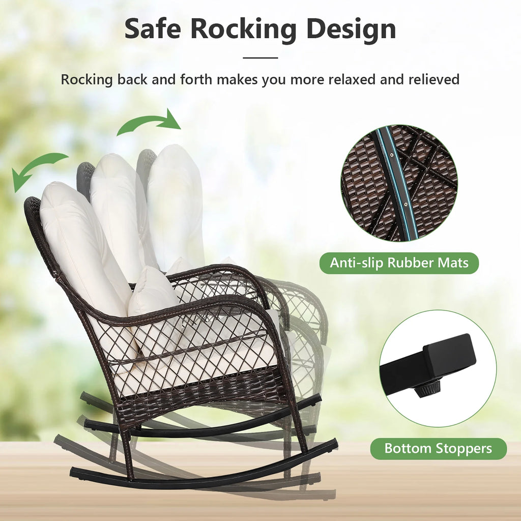 Costway Patio Wicker Rocking Chair W/Seat Back Cushions & Lumbar Pillow Porch Off White