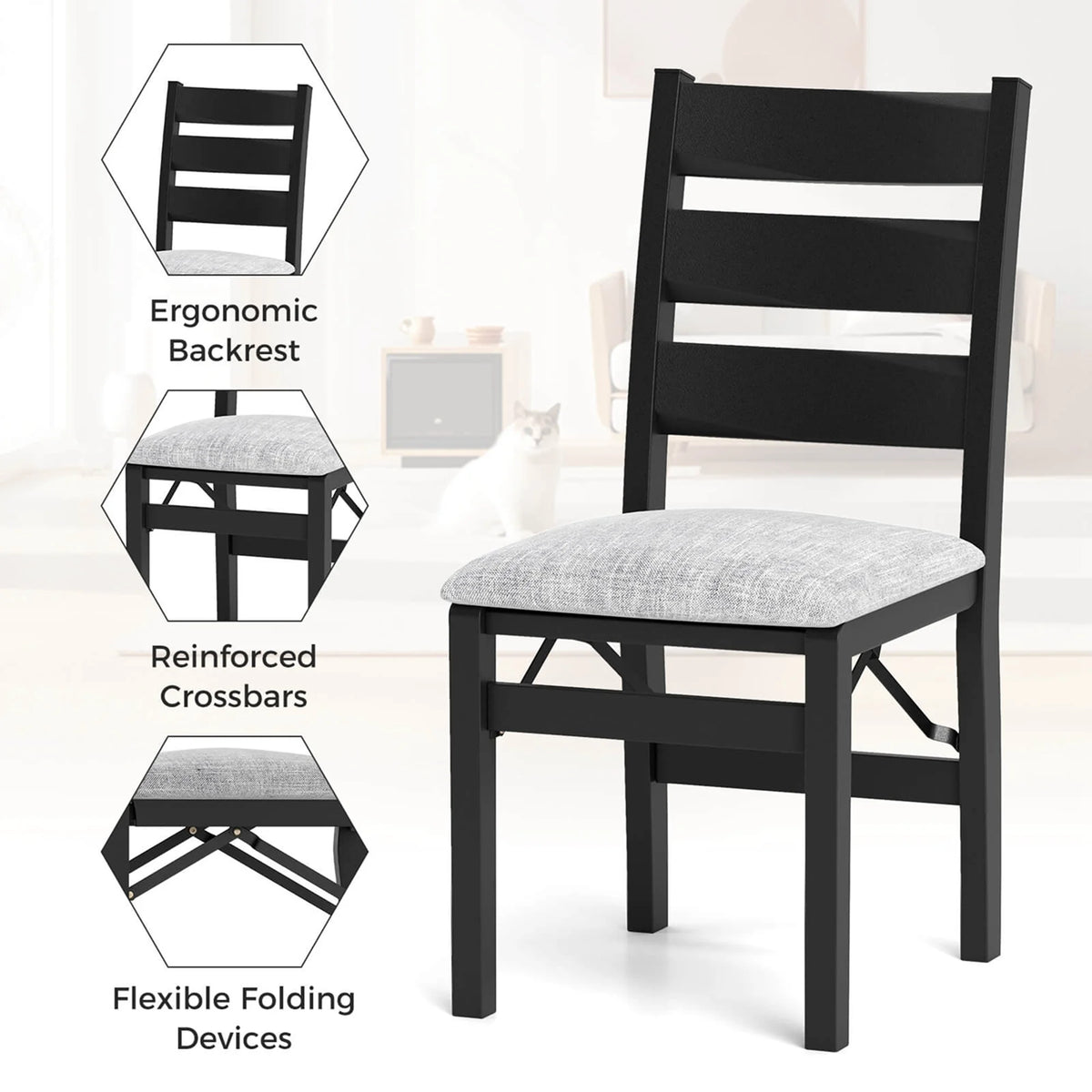 Costway Folding Chairs Set of 2 Modern Upholstered Chairs with Comfy Backrest & Padded Seat