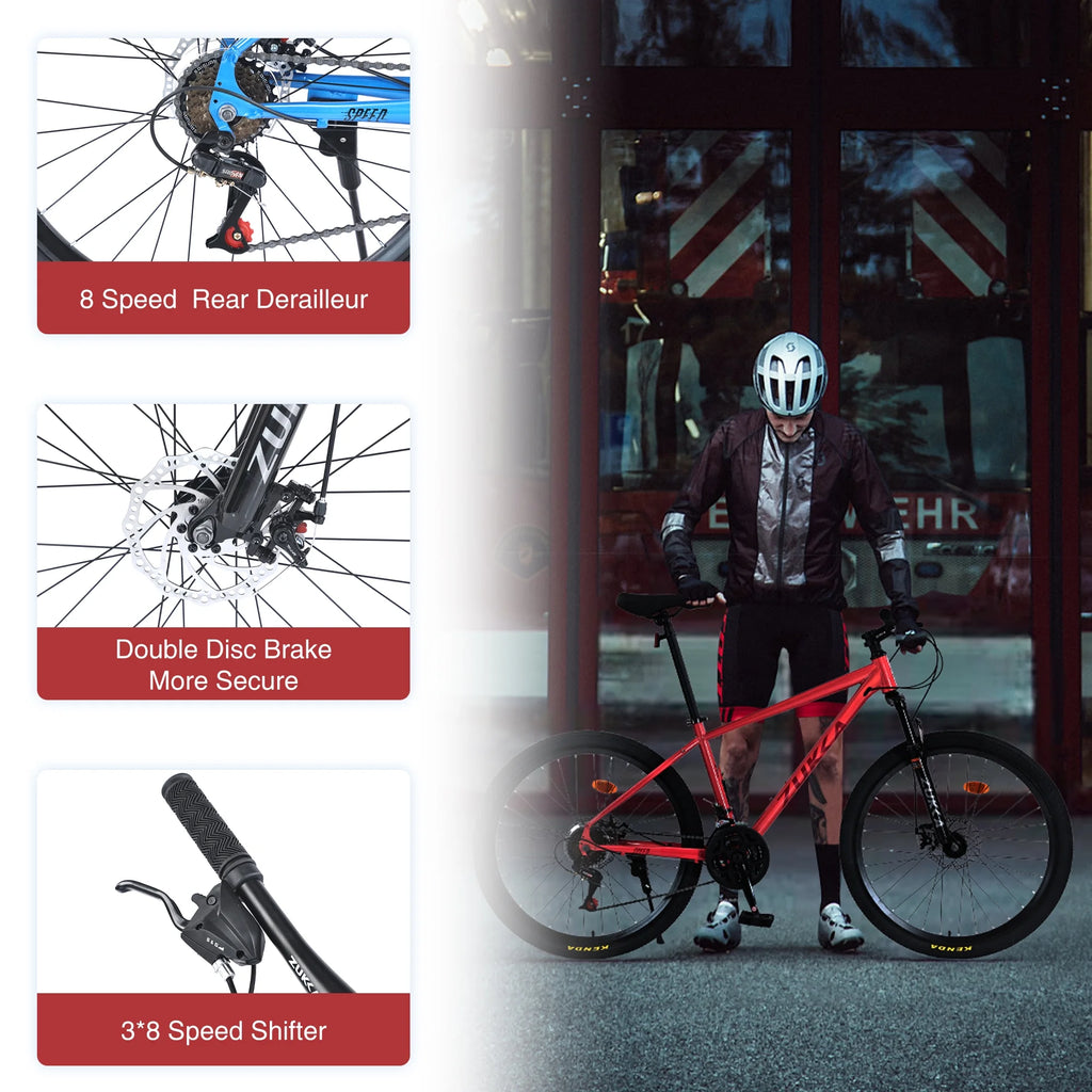 Aukfa 26" Mountain Bike for Men/Women,24 Speed Adult Bicycle Suspension Fork,Fits Riders 5'4" - 6'2"Red