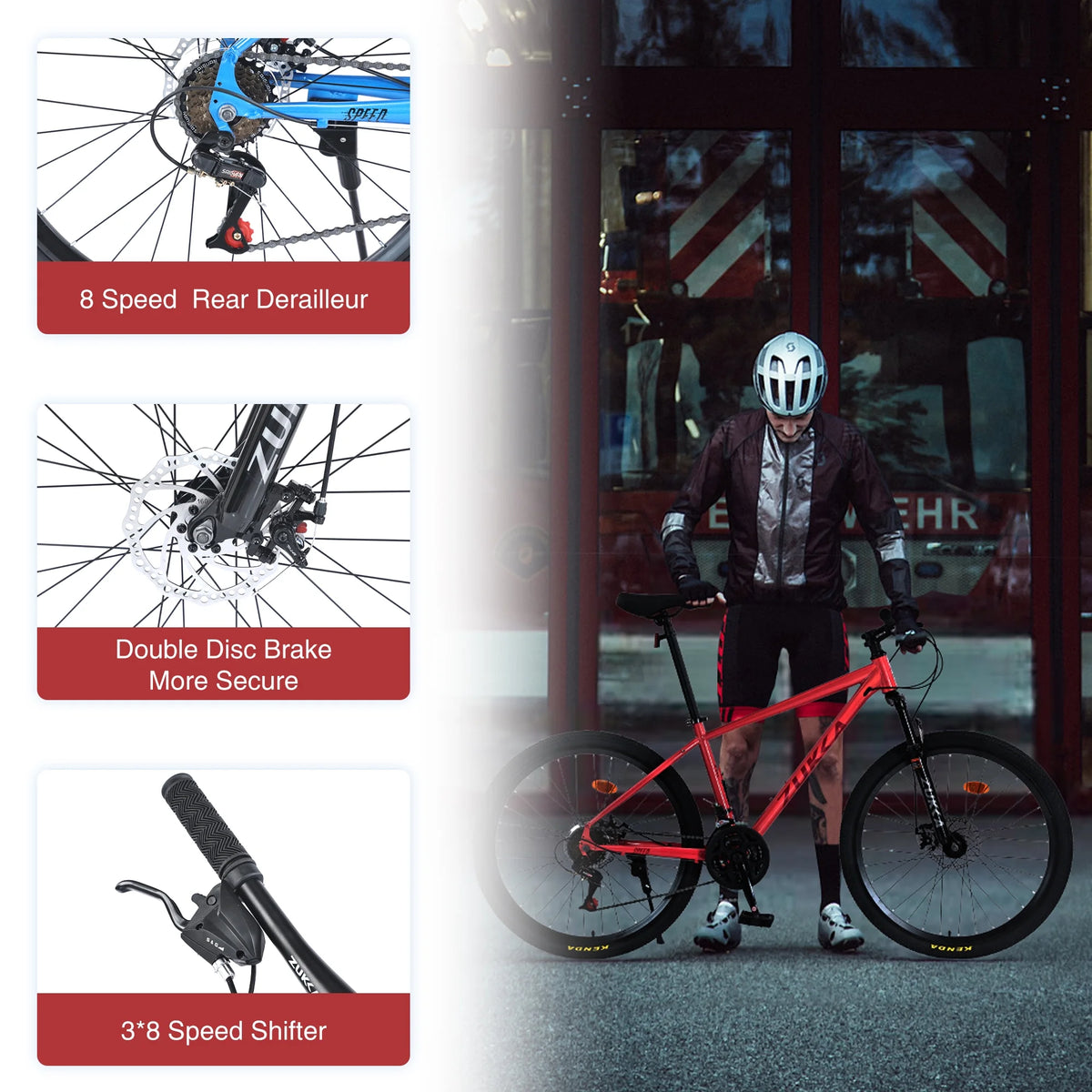 Aukfa 26" Mountain Bike for Men/Women,24 Speed Adult Bicycle Suspension Fork,Fits Riders 5'4" - 6'2"Red