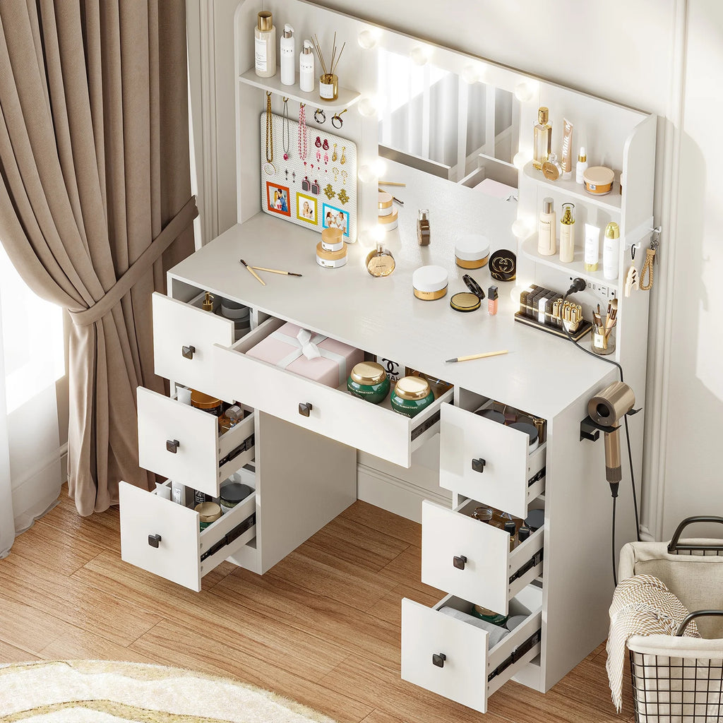Cottinch Vanity Desk 3 Color Lighted Mirror,Makeup Dressing Table with 4 Drawers and Storage Shelves,2 Outlets,2 USB Ports,White