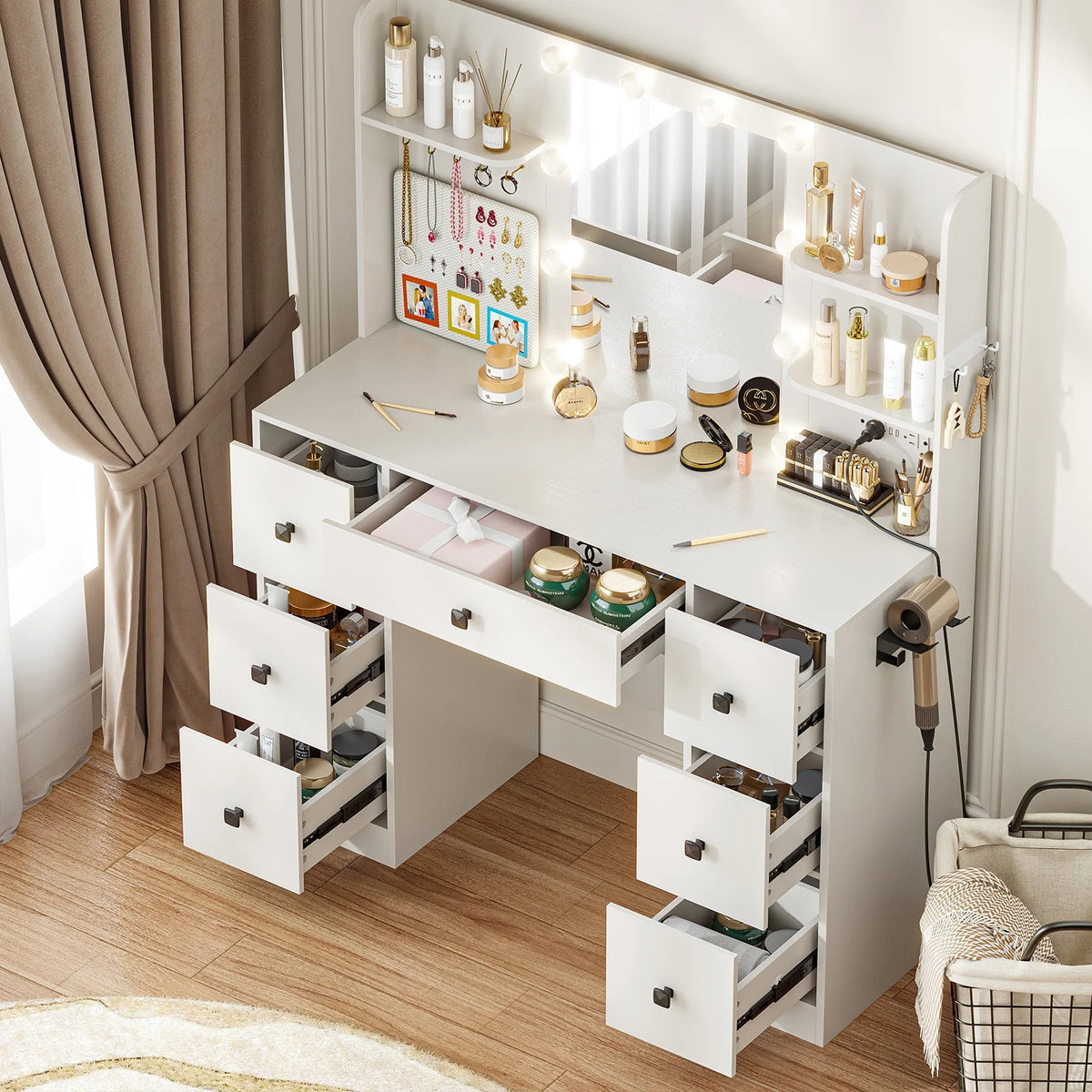 Cottinch Vanity Desk 3 Color Lighted Mirror,Makeup Dressing Table with 4 Drawers and Storage Shelves,2 Outlets,2 USB Ports,White