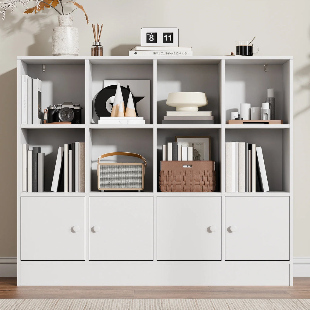 Cozy Castle 3-Tier Open Cube Bookcase with 12 Cubes and 4 Doors, Adjustable Shelves, White