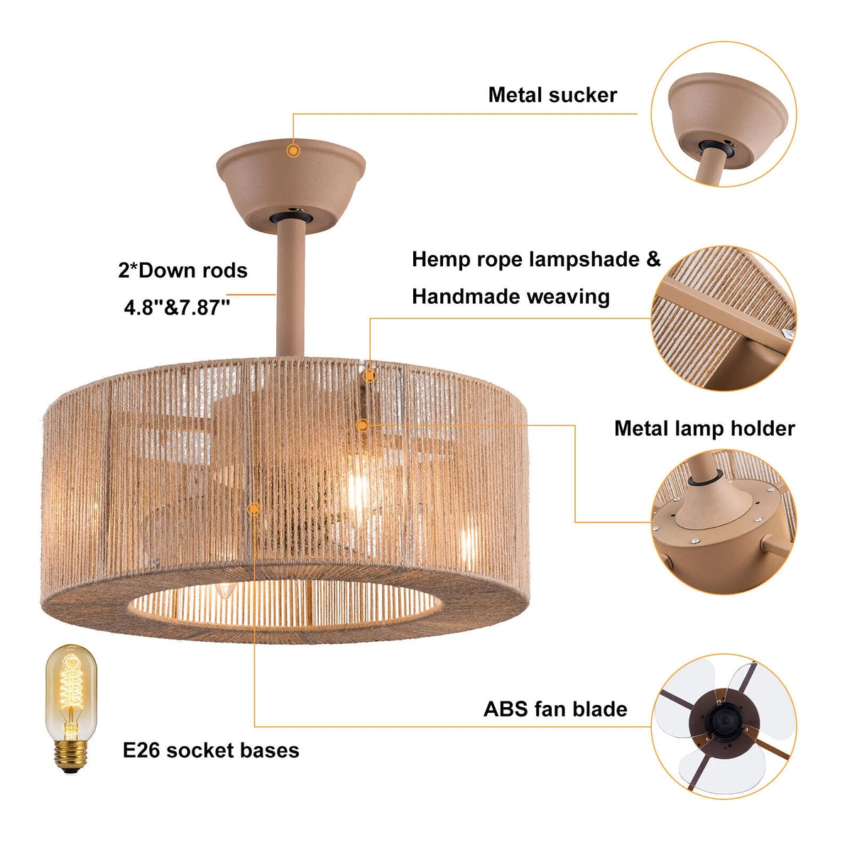 Caged Ceiling Fan Light 6 Speeds Living Room Chandelier Hanging Lamp with Remote